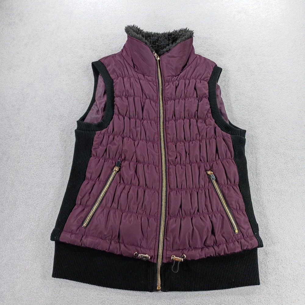 Calvin Klein Womens Puffer Vest Purple Small Quilted Faux Fur Collar